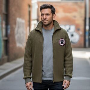 Once We Were Warriors Sz M Chunky Knit Green Patch Logo Full Zip Sweater